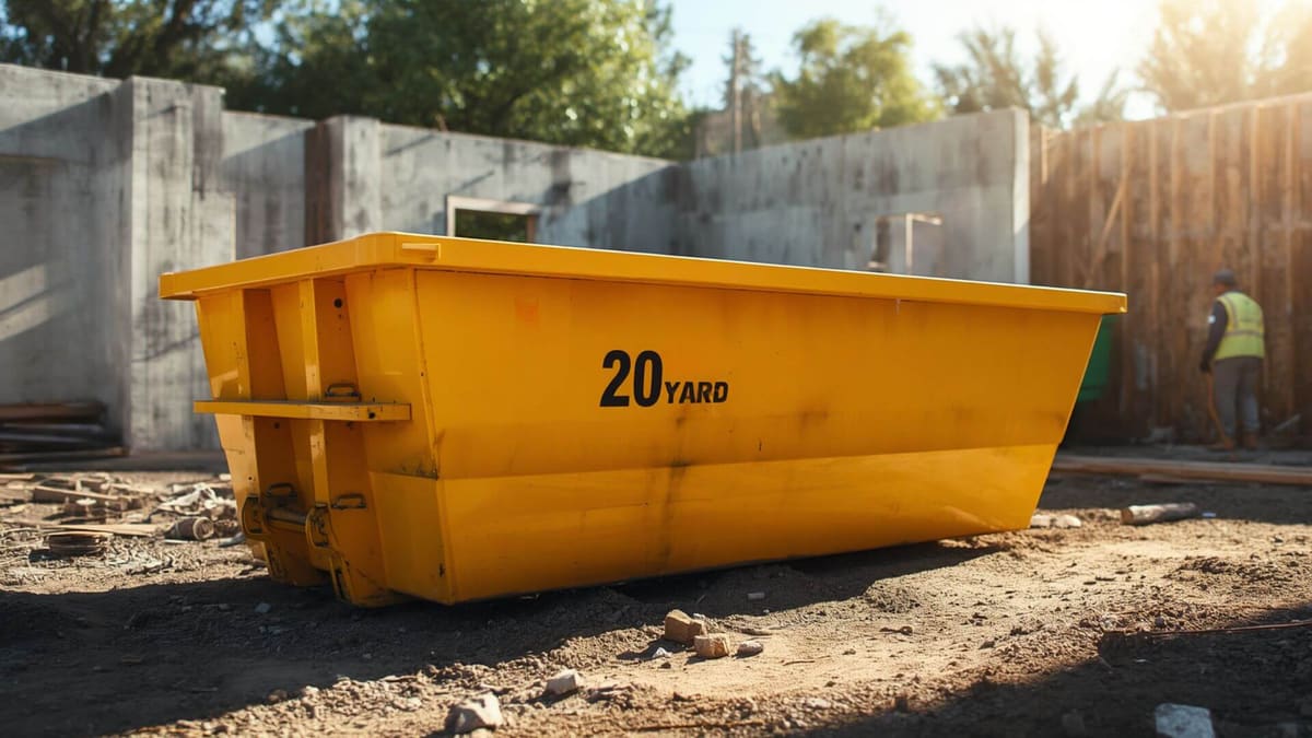 Amber 20 yard roll off dumpster on a job site in Lehigh County