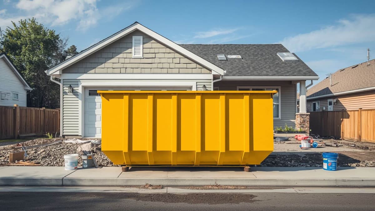 Residential Dumpster Rental in Lehigh County PA | Lehigh Dumpster Rental Amber roll off dumpster parked on a residential driveway in Lehigh County, PA